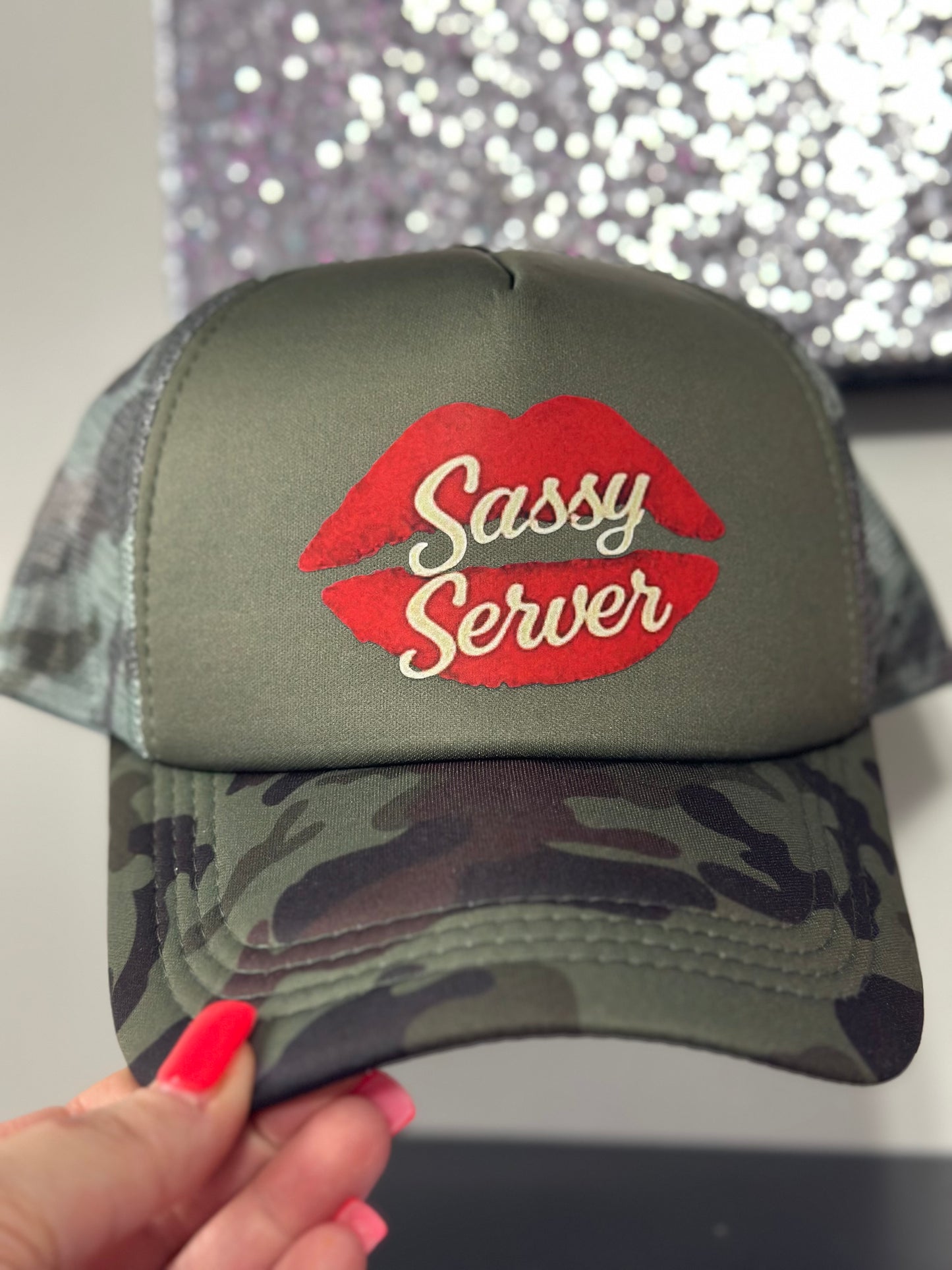 Sassy Server Camo trucker hat